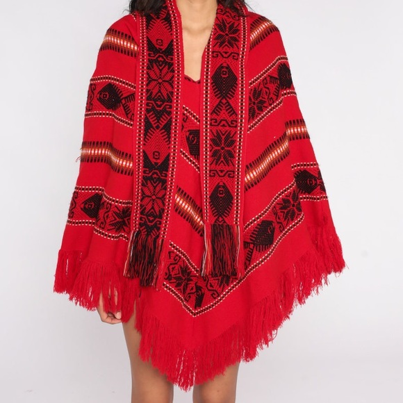 Hippie Poncho Shawl Red Fish Boho StripeGeo Knit Cape Blanket Vintage Fe… - Picture 12 of 12